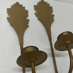 SET 2 Home Interiors & Gifts Brass Leaf  Design Single Candle Sconces 15.5"..